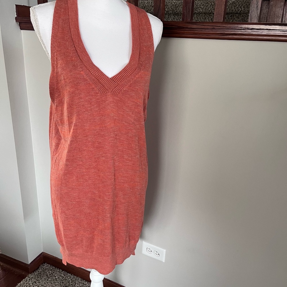 Anthropologie Sleeveless V-Neck Sweater Tunic Orange‎ Marl Side Slit XL